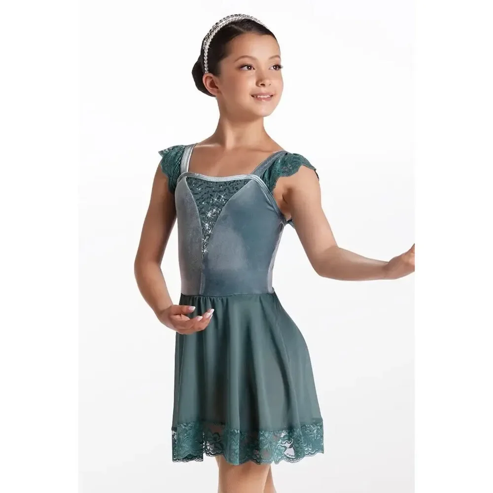 Pre-Owned Dance Costume Weissman 15817 Large Child Green Lace Lyrical Ballet Se